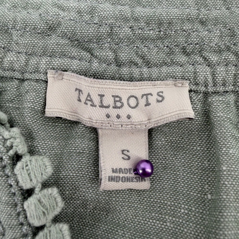 Talbots Linen Cotton Blend Sleeveless Top Sage Green Boho Crochet Trim Small - Picture 4 of 7